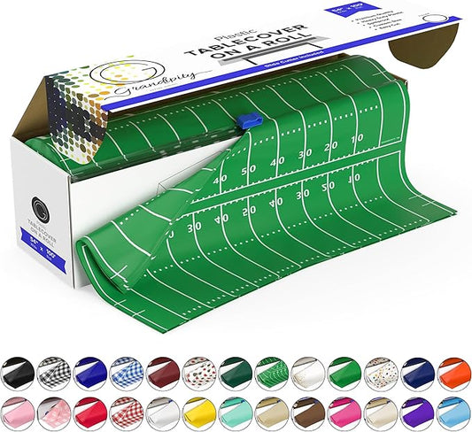 Grandipity Plastic Tablecloth Roll - 54in x 100 Ft. Football Table Cloths for Parties with Cutter Box 100 Ft., Cut to Size Football Field Table Cover, Superbowl Tablecloth Rectangle