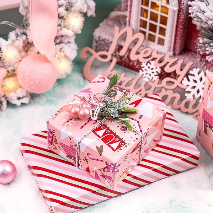 WRAPAHOLIC Reversible Christmas Wrapping Paper - Mini Roll - 17 Inch x 33 Feet - House with Christmas Tree and Candy Cane Wrapping Paper for Holiday, Party Celebration