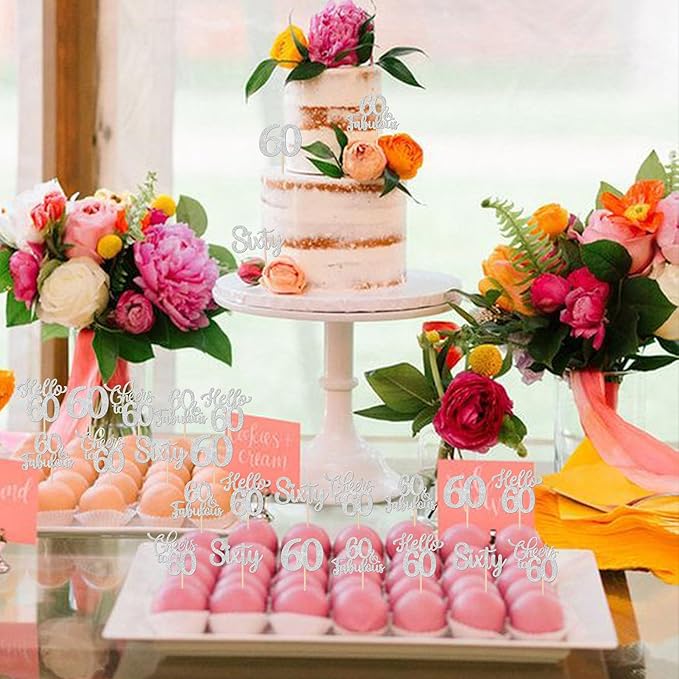 30PCS Happy 60th Birthday Cupcake Toppers Glitter Hello 60 Fabulous Sixty Cheers to 60 Years Old Birthday Cupcake Picks for Happy 60th Birthday Anniversary Party Cake Decorations Supplies Silver