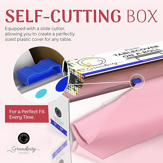 Grandipity Plastic Tablecloth Roll - 54in x 100 Ft. Pink Plastic Table Cloths for Parties Disposable with Cutter Box - Cut to Size Disposable Tablecloth Table Cover for Rectangle & Round