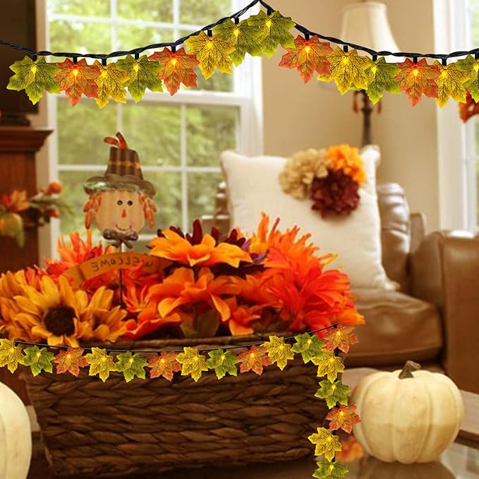 Fall Tricolor Autumn Maple Leaves Decoration Lights, 13.5FT Plug in Orange Yellow Green Maple Leaf String Lights with 35 LED Mini Bulbs for Thanksgiving Day Home Party Decor