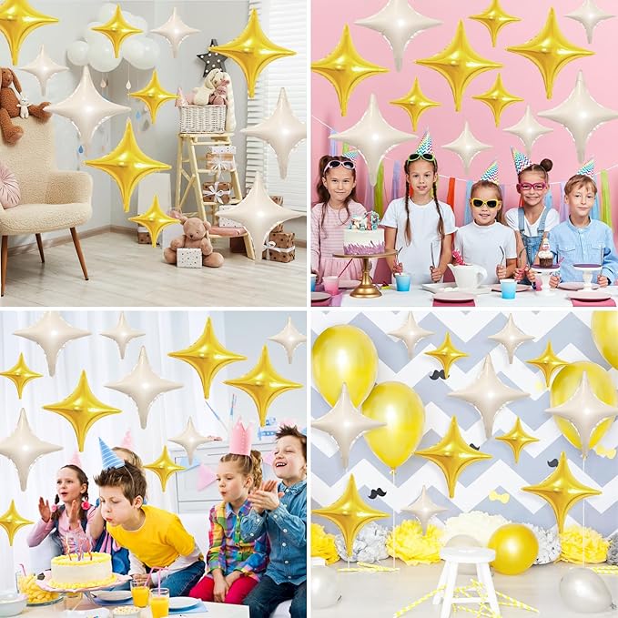 Cream White Gold Star Balloons,12Pcs Four Angle Star Foil Balloons,26Inch and 10Inch Sand White Gold Quadrangle Helium Balloon for Birthday Baby Shower Anniversary Party Decorations