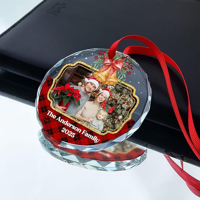 Personalized Christmas Ornament with Photo for Family, Custom Picture Crystal Ornaments for Christmas Tree Decorations, Unique Customized Xmas Decor Ideas for Family (#PGO07)