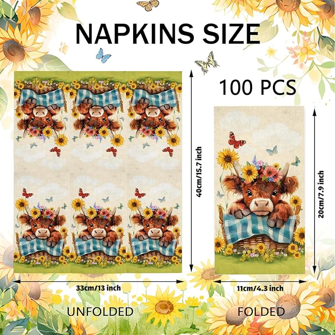 100 Pcs Highland Cow Napkins Fall Disposable Hand Towels for Bathroom Kitchen Cute Highland Cow Thanksgiving Decorative Napkins for Farmhouse Autumn Harvest Party Decor