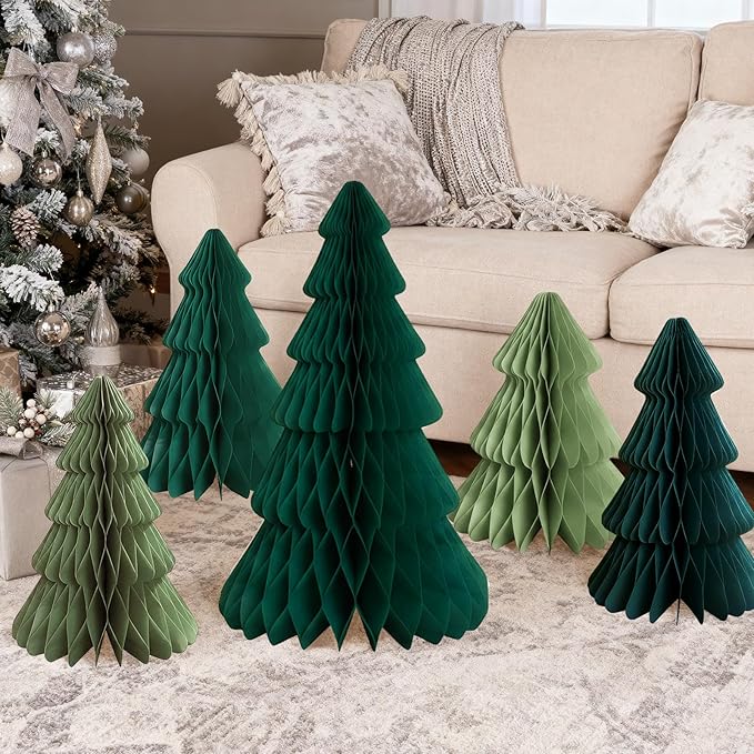 5Pcs Extra Large Christmas Table Decorations Green Paper Christmas Trees, Light Up Honeycomb Xmas Tree Centerpieces for Tables Christmas Frozen Winter Wonderland Party Vintage Home Decor 14/16/24 Inch
