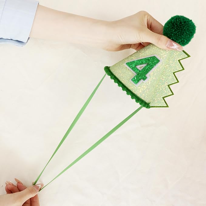 Green Glitter Dinosaur Birthday Cone Hat for 1-5 Years Old Kids Boys Dino Dinousour Birthday Hat Party Decoration