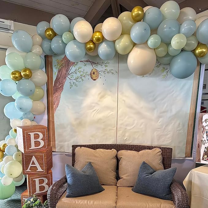 Togvu Dusty Green Blue Balloon, 60 Packs 12 Inch Sage Green Blue Balloon with Haze Fog Blue Sand White and Gold Balloons for Jungle Safari Neutral Boho Birthday Baby Shower Party Decorations