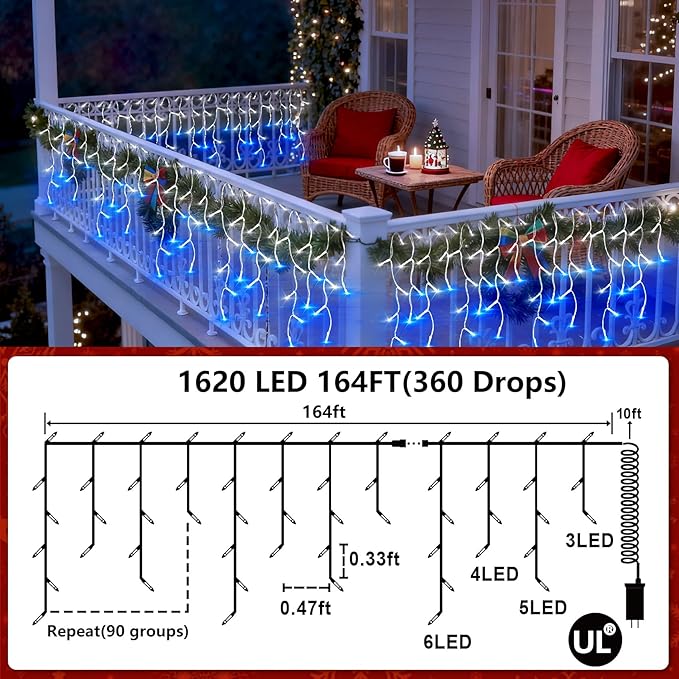 1620 LED 164ft Outdoor Christmas Lights, 12 Modes Dimmable Curtain String Lights with 360 Drops, Waterproof Twinkle Fairy Lights with Timer for Bedroom Window Holiday Wedding Xmas Decor, Blue & White