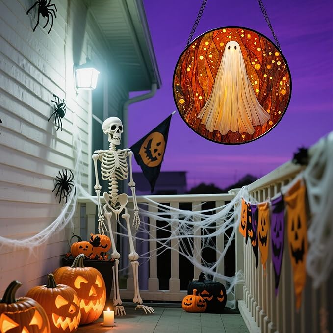 Stained Glass Window Hanging - Halloween Decoration Glowing Forest Ghost Suncatcher for Door Garden Spooky Orange Sun Catchers Gothic Decor Horror Gifts for Women Men Friend Boy Girl 6.3 in