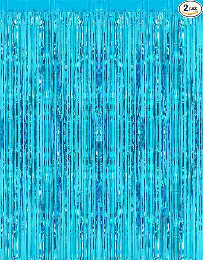 2 Pcs 3.2ft x 8.2ft Shiny Blue Metallic Tinsel Foil Fringe Curtain Photo Booth Backdrop for Birthday Wedding Holiday Bridal Shower Baby Shower Bachelorette Party Decorations