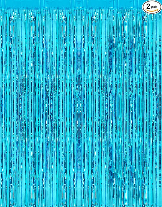 2 Pcs 3.2ft x 8.2ft Shiny Blue Metallic Tinsel Foil Fringe Curtain Photo Booth Backdrop for Birthday Wedding Holiday Bridal Shower Baby Shower Bachelorette Party Decorations