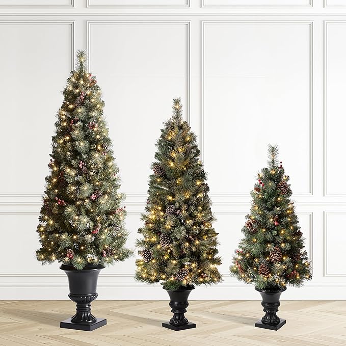 Glitzhome 4ft/5ft/6ft Pre-lit Christmas Trees Set, Artificial Christmas Trees Flocked Potted Christmas Porch Trees for Entrance with Pine Cones, Red Berries, and Warm White Lights