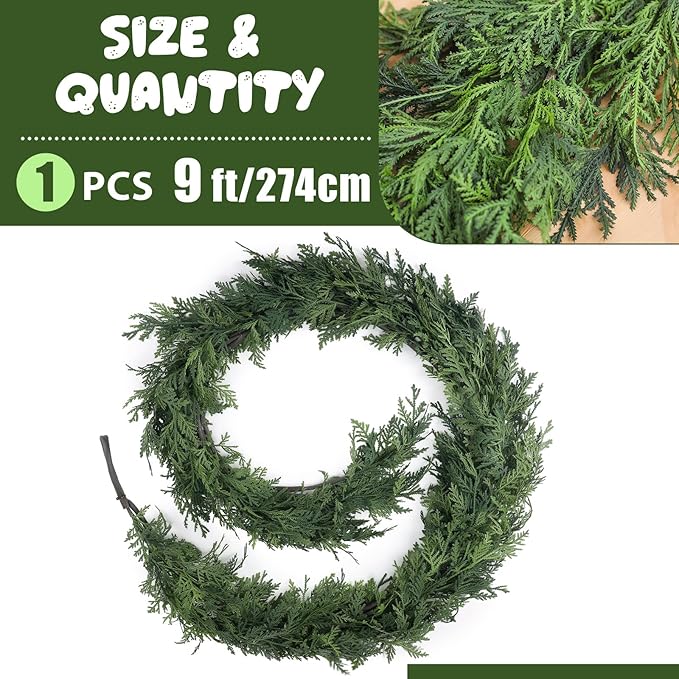 Jutom 1 Pcs 9 ft Christmas Cedar Garland Greenery Realistic Cedar Pine Needles Garland Artificial Decoration for Table, Mantel, Wall, Home Winter Holiday Party Decor