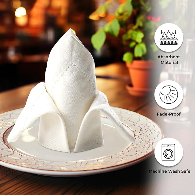Urban Villa Cloth Napkins Ivory Hemstitch Dinner Napkins Set of 12 20X20 Inches 100% Cotton Absorbent Washable Durable Reusable Ideal for Farmhouse Party Thanksgiving Harvest Fall Dinner Napkins