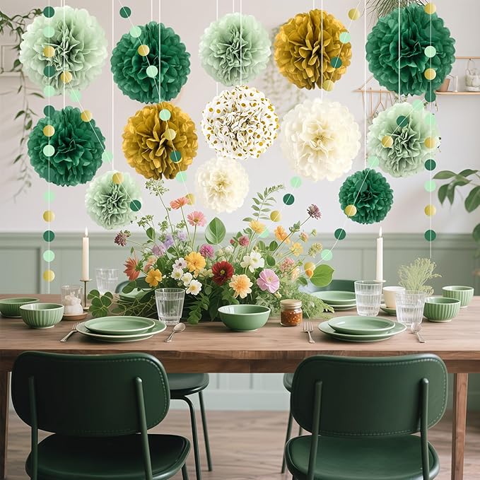 Green Wedding Party Decorations Set, 16 PCS Tissue Paper Pom Poms, Dots Paper Garland for Engagement, Green Boho Wedding, St. Patrick's Day Party, Baby Shower Party Decor