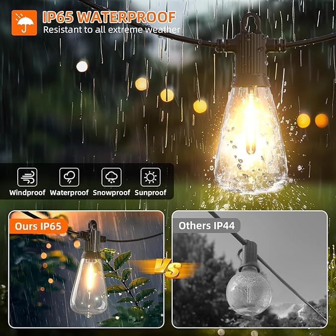 Kawaya 50FT Outdoor String Lights - Outside LED Patio Light with 25+2 Shatterproof Vintage Edison Bulbs - 2700K Dimmable IP65 Waterproof Hanging Lighting for Yard Porch Deck Balcony Bistro Cafe Party