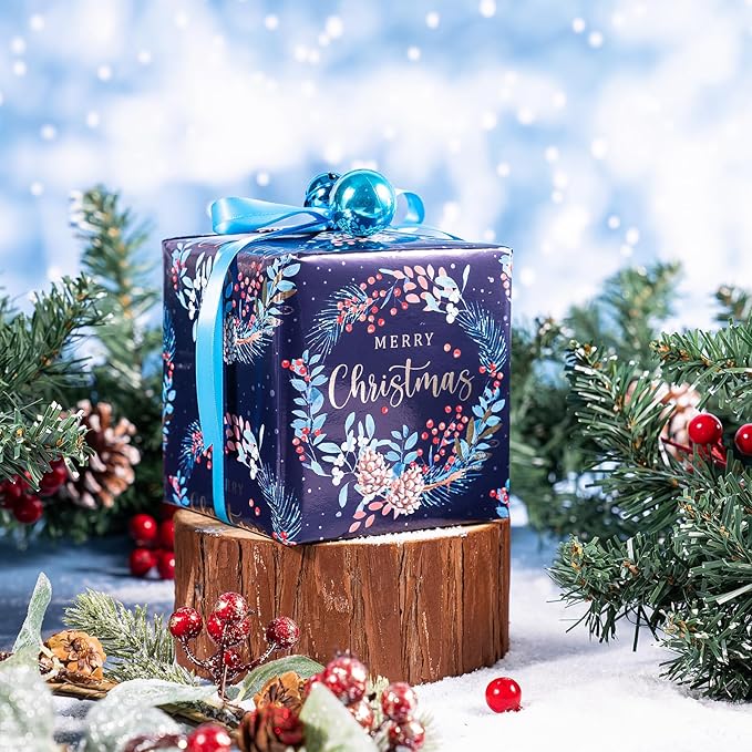 WRAPAHOLIC 30 Inch Christmas Wrapping Paper Roll - Jumbo Roll Drak Blue Bird, Christmas Garland and Snowflake Holiday Collection with Metallic Foil Shine - 4 Rolls - 30 Inch x 120 Inch Per Roll