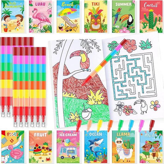 BenLouis 24 Summer Mini Coloring Books Kids with 24 Stacking Crayons Beach Pool Party Favors Activity Books Bulk for Kids Summer Birthday Goodie Bag Gift Stuffer Classroom Reward