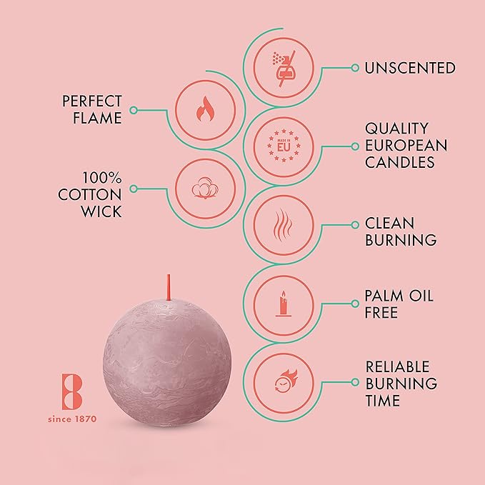 BOLSIUS 3 Pack Ash Rose Rustic Ball Pillar Candles - 3 Inch - Premium European Quality - Includes Natural Plant-Based Wax - Unscented Dripless Smokeless 25 Hour Party Décor and Wedding Candles