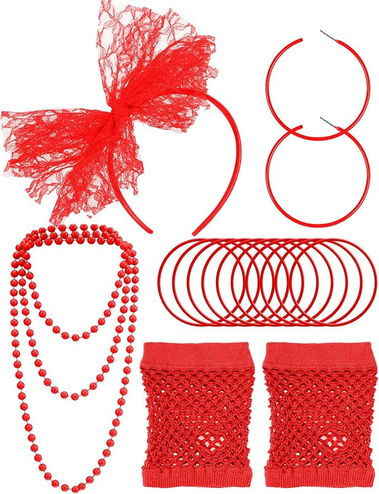 Blulu 80s Costume Accessories for Women Lace Headband Earrings Fishnet Gloves Necklace Bracelet for 80s Retro Party