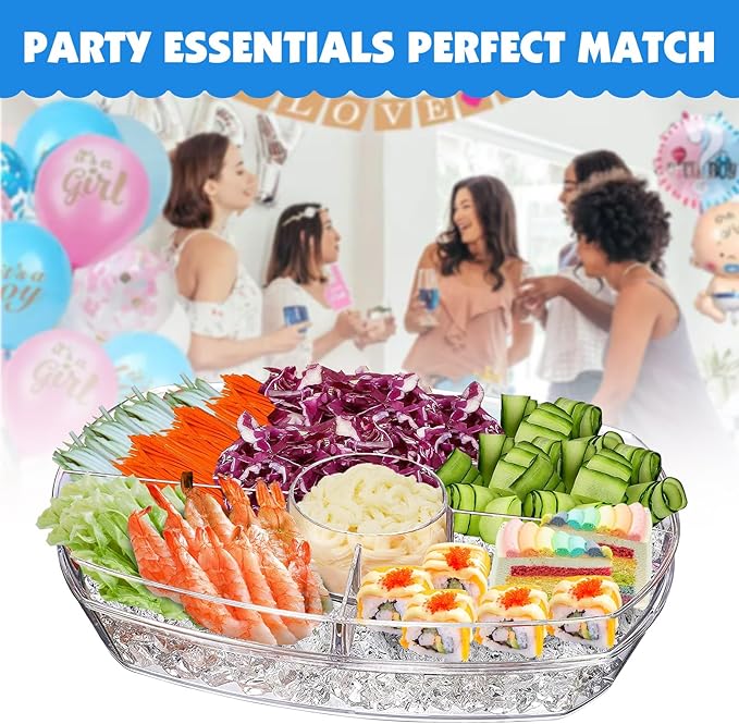 Ice Chilled Party Platter, 15 Inch Clear Veggie Fruit Trays with Lid and Dip, Cold Food Serving Trays for Parties, Charcuterie Boards with Ice Tray on Bottom