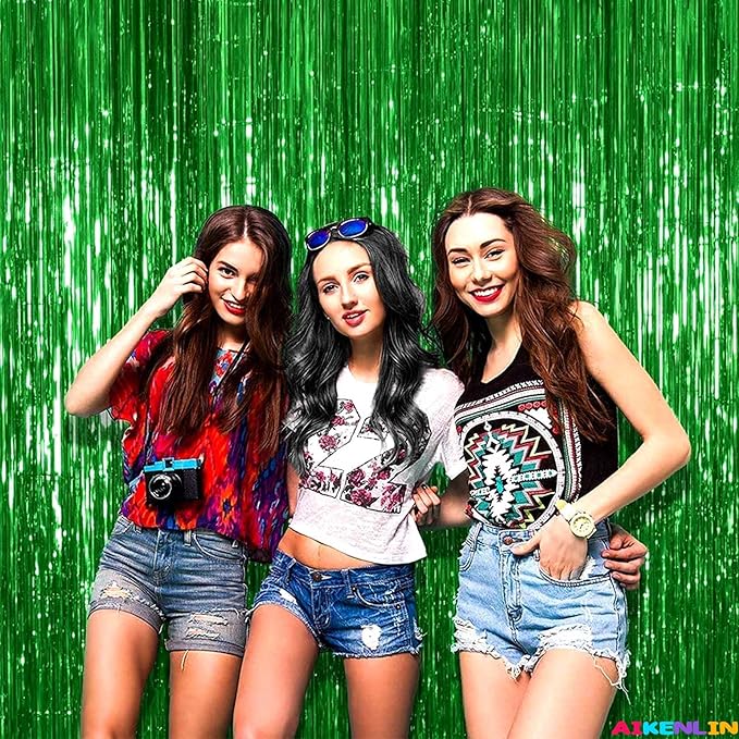 4 Pack 3.2Ft x 9.8Ft Green Foil Fringe Curtain Backdrop, Metallic Tinsel Foil Fringe Streamers Curtains for Party, Photo Booth Props, Birthday, Wedding, Christmas Party Decoration Supplies