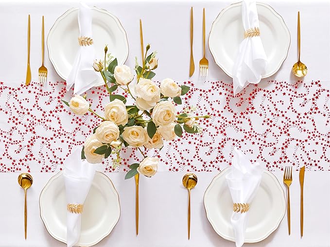 YATOJUZI Red Tulle Table Runner,16 Ft Star Sheer Chiffon Table Runner,Sequin Glitter Metallic Foil Red Table Decorations Centerpiece for Wedding Birthday Christmas Party