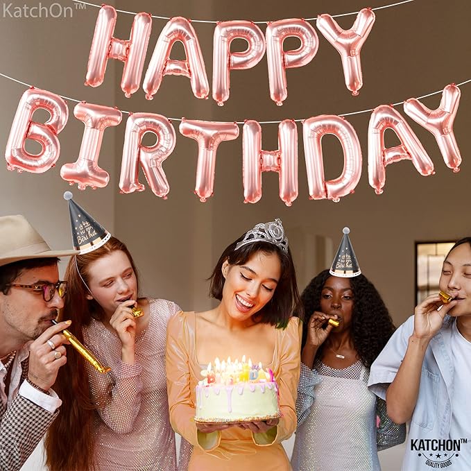 KatchOn, Rose Gold Happy Birthday Balloon Banner - 16 Inch | Rose Gold Happy Birthday Decoration Banner for Birthday Party Decorations | happy birthday Foil Balloons for rose gold Party decorations