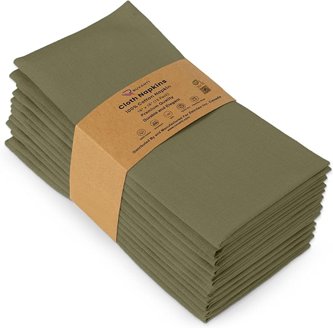 Ruvanti Premium Cloth Napkins Set of 12, 18x18 Inches, 100% Cotton, Washable, Soft & Absorbent, Perfect for Wedding, Christmas, ‎Thanksgiving Dinners -Capulet Olive