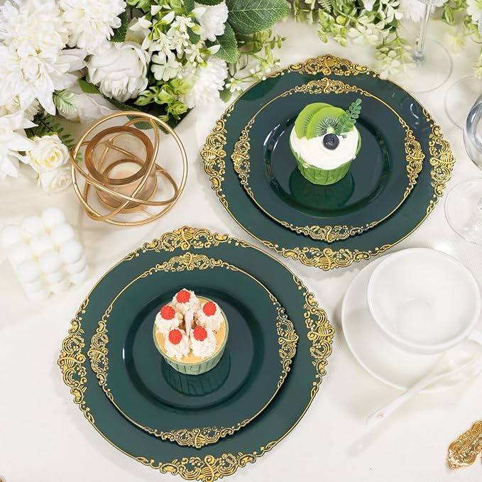 125PCS Green and Gold Plastic Plates - Fancy Green Disposable Plates - Vintage Christmas Plate with Gold Plastic Silverware Set for 25 Guests for Party Xmas Holiday