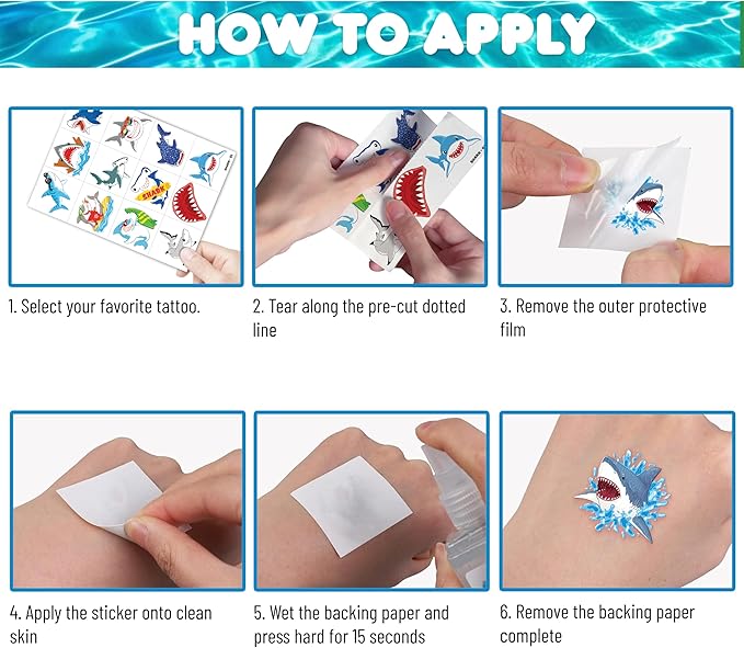 96 PCS Shark Pre-Cut Temporary Tattoos for Kids | Super Cute Shark Themed Birthday Party Favors, Supplies, Decorations, Cute Ocean Animal Tattoo Stickers, School Rewards Prizes & Gifts for Boys Girls
