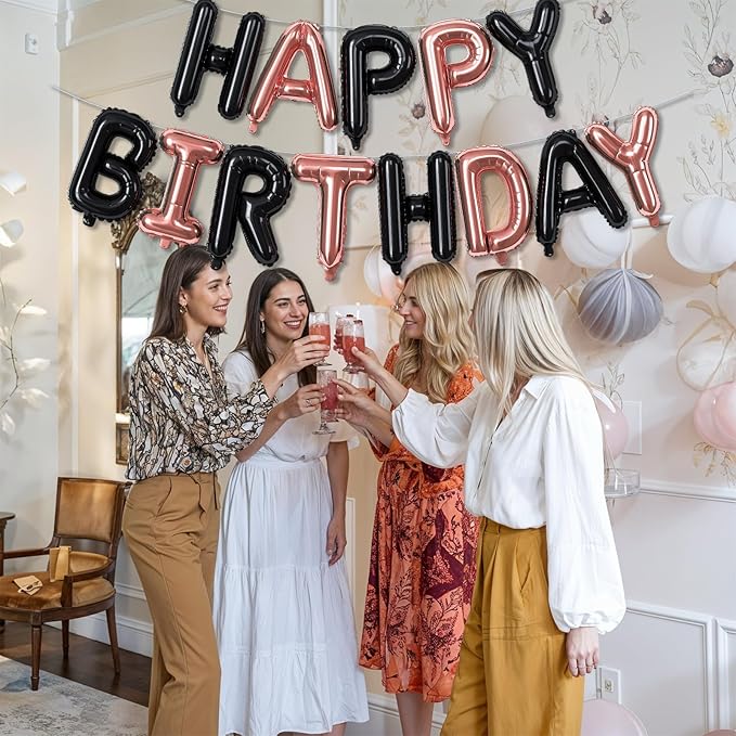 Happy Birthday Balloon Banner Rose Gold, 16 Inch Happy Birthday Foil Black Balloon, Happy Birthday Sign Bunting Banner Self Inflating Letter Balloon for Girls Women Birthday Party Decorations Supplies