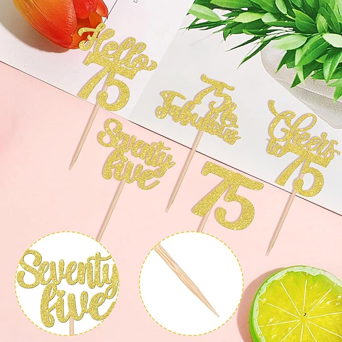 30PCS Happy 75th Birthday Cupcake Toppers Glitter Hello 75 Fabulous Seventy Five Cheers to 75 Years Old Birthday Cupcake Picks for Happy 75th Birthday Anniversary Party Cake Decor Supplies Gold