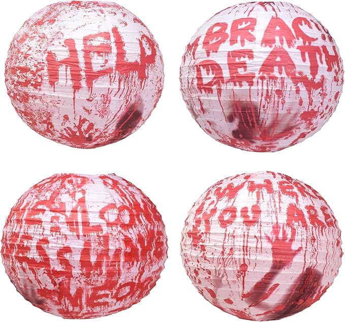 Mudra Crafts Hanging Halloween Ghost Lights Paper Lanterns, Outdoor Indoor Party Halloween Decorations, White 12-Inch Spooky Lamps, Set of 4