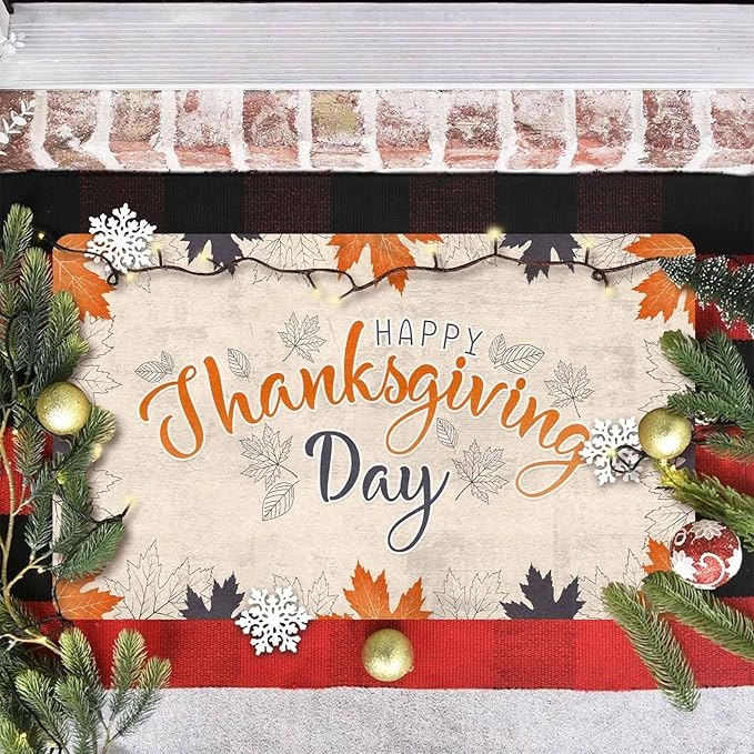 InterestPrint Happy Thanksgiving Day Door Mat Outdoor for Front Door, Fall Maple Leafs Welcome Doormat Non-Slip Washable Autumn Leaves Doormat Entrance Rug for Indoor Outdoor