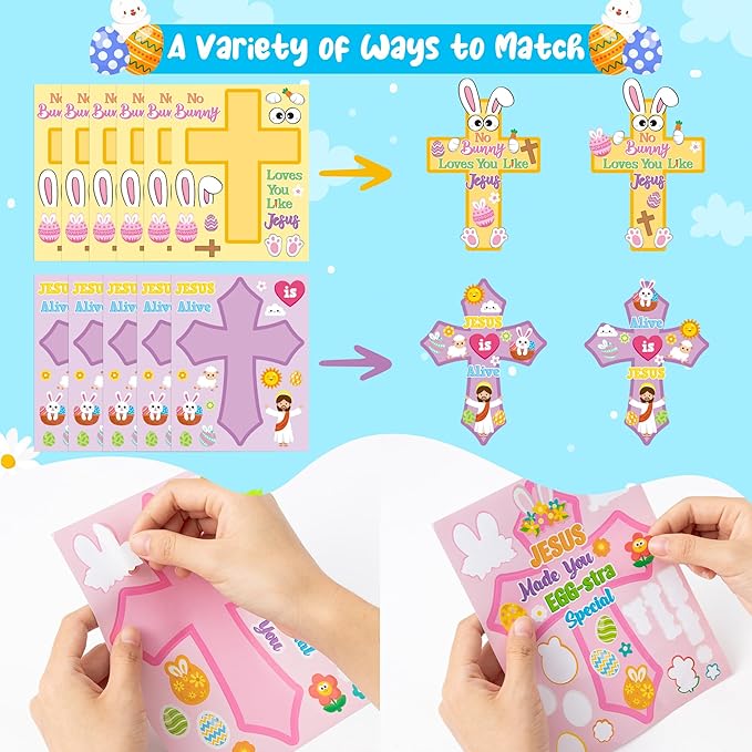 CY2SIDE Easter Cross Face Sticker - 40PCS Make Your Own Jesus He is Risen Cross Sticker Craft Game for Kids Classroom Reward DIY Easter Party Favors for Kids Christian Sunday School Activities