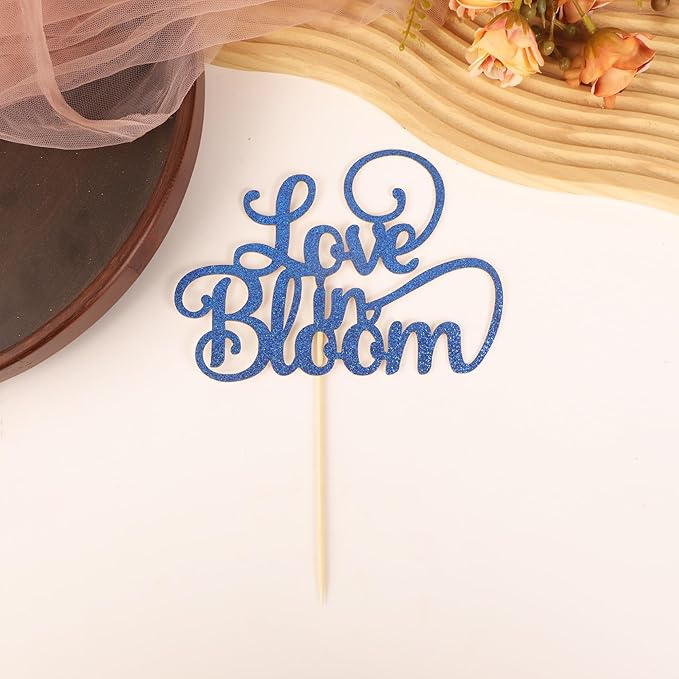 Love in Bloom Cake Topper - Glitter Dark Blue Bridal Shower Cake Decoration, Wedding & Engagement Cake Pick (Dark Blue)