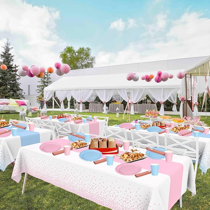 WNINK 2 Pack Pink and Blue Tablecloths, Gender Reveal Disposable Plastic Waterproof Table Cover for Boy or Girl Gender Reveal Party, Baby Shower, Birthday Party Decorations 54" x 108"