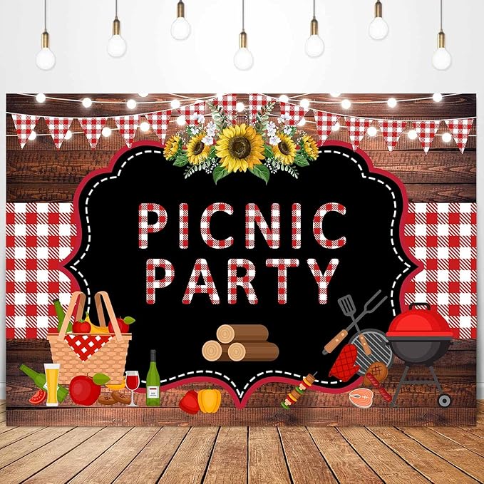 Sensfun Picnic Party Backdrop Wooden Gingham Red White BBQ Birthday Baby Shower Photography Background Sunflower Summer Outdoor Barbecue Party Decorations Banner Photo Booth Props 7x5ft