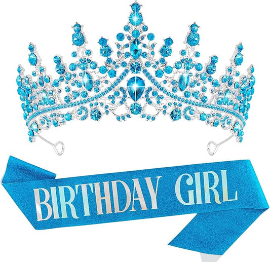 VELSCRUN Birthday Tiara Crowns for Women Girls Crystal Birthday Girl Headband Sash Elegant Princess Crown Happy Birth Party Decorations Women Sisters Birth Gift Hair Accessories