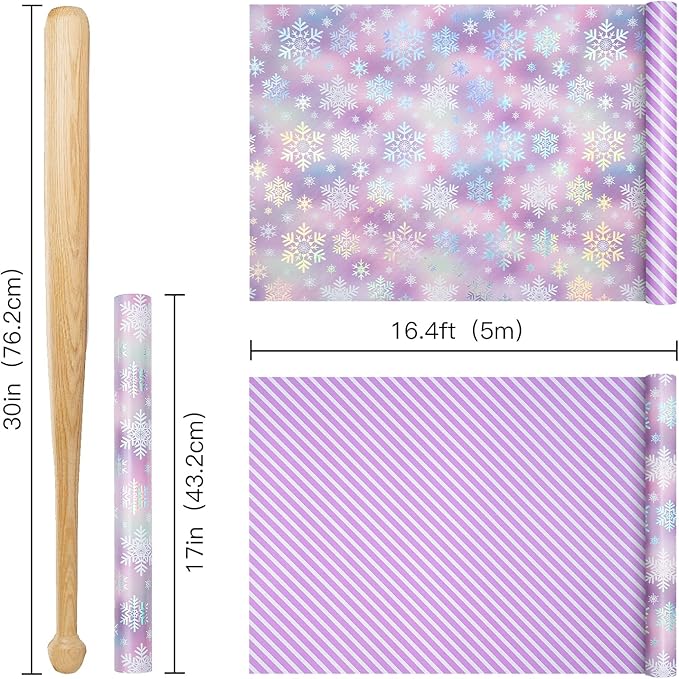 RUSPEPA Christmas Reversible Wrapping Paper Roll for Girls, Mini Roll, Colorful Foil Pastel Snowflake Design and Purple Stripes Dreamy Gift Wrap for Christmas Gifts, Holiday, 17 Inches x 32.8 Feet