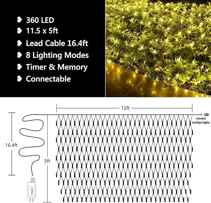 11.5ft x 5ft Christmas Net Lights Outdoor, 360 LED Net Lights with 8 Modes, Connectable, Timer, Waterproof Low Voltage Bush Mesh Fairy String Light for Yard Bush Christmas Indoor Decor (Warm White)