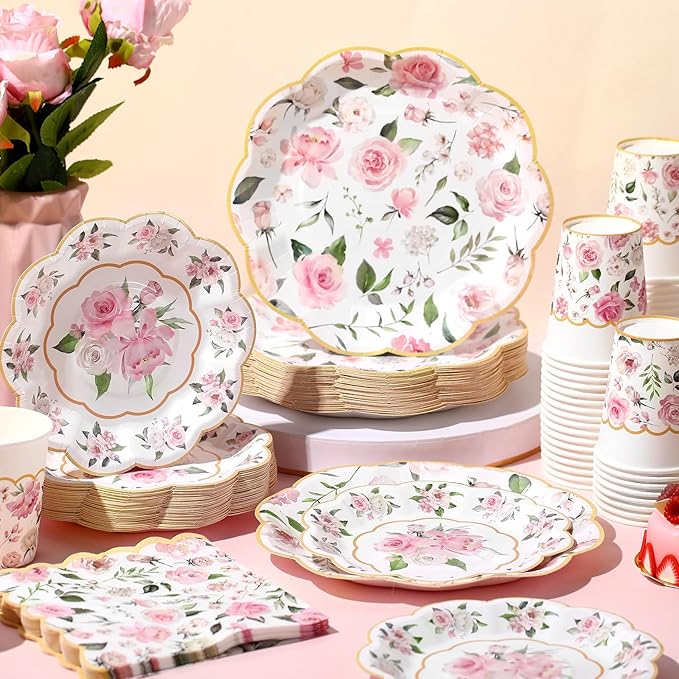 250 Pcs Floral Party Decorations Flower Paper Plates Napkins and Cups Pink and Gold Floral Disposable Tableware Set for Bridal Shower Baby Shower Wedding Spring Tea Party Supplies, Serves 50