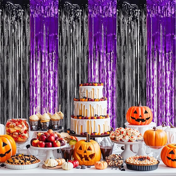 TONIFUL 2Pcs Black Purple Door Streamers,Photo Booth Backdrop Metallic Streamers Foil Fringe Curtains for Birthday Christmas New Year Bachelorette Halloween Party Streamers Decor