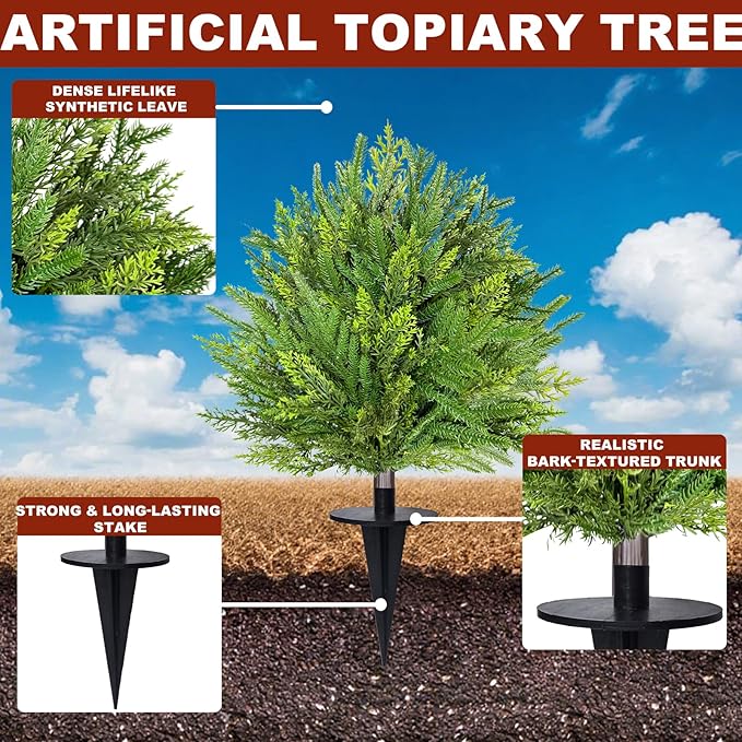 Mixed Branches - 2 Pack 24" Artificial Christmas Topiary with Spike Lifelike Norfolk Pine Cypress Tips Fake Ball Bush Plants Christmas Pot Fillers Front Porch Door Garden Indoor Outdoor decorations