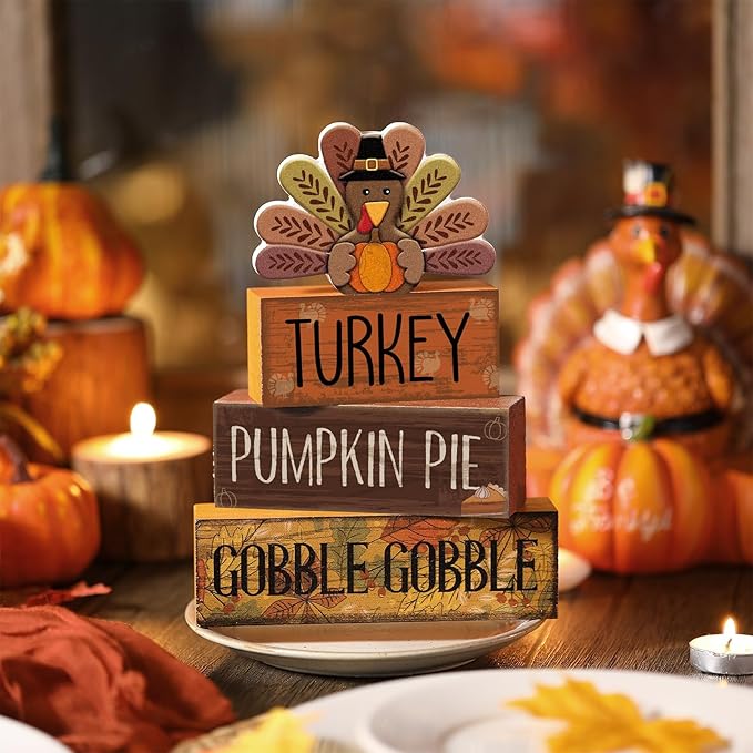 4 Pcs Thanksgiving Decorations for Home Wooden Turkey Decor Fall Tiered Tray Decor Thanksgiving Table Centerpiece Rustic Wooden Turkey Block Sign for Autumn Harvest Party Kitchen Shelf
