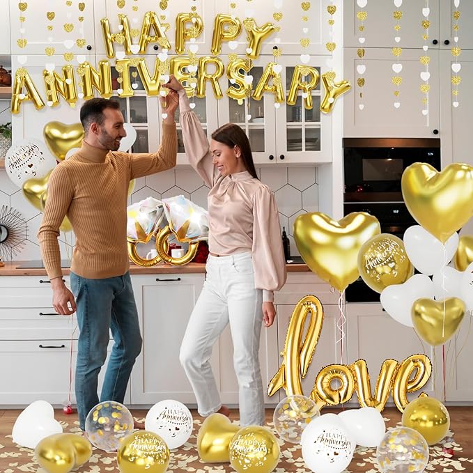 Gold and White Anniversary Decorations Valentines Day Decorations,Gold and White Valentines Day Balloons with Happy Anniversary Banner Heart Balloons Heart Rose Petals for Valentines Decorations