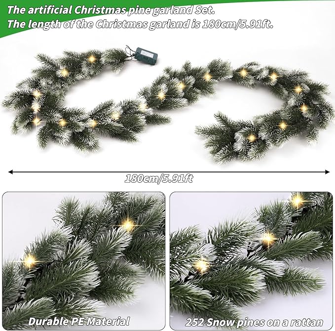 3 Pack Pre Lit Snow Flocked Christmas Garland 5.9 ft Artificial Christmas Garland with Warm White LED Light and Timer Frosted Faux Pine Winter Garlands for Home Indoor Outdoor Mantel Seasonal Decor