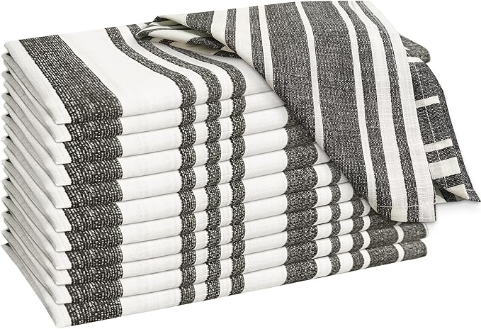 RUVANTI Cloth Napkins Set of 12 Cotton 100%, 20x20 Inches Napkins Cloth Washable, Soft, Absorbent. Cotton Napkins for Parties, Christmas, Thanksgiving, Weddings, Dinner Napkins Cloth - Grey Stripes