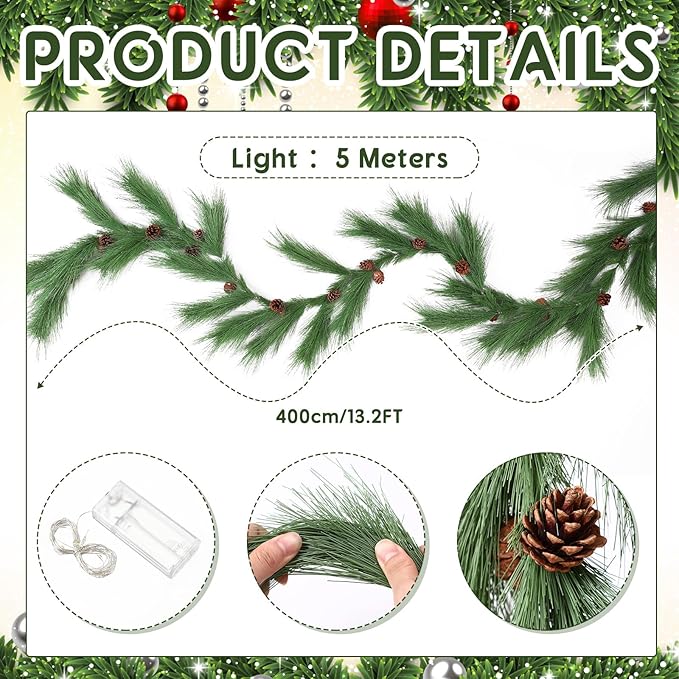 Jutom 13 ft Christmas Deluxe Norfolk Pine Garlands Artificial Long Needle Pine Cone Classic Style Garland Realistic Xmas Cedar Garland for Holiday Mantle Table Indoor Outdoor Decor